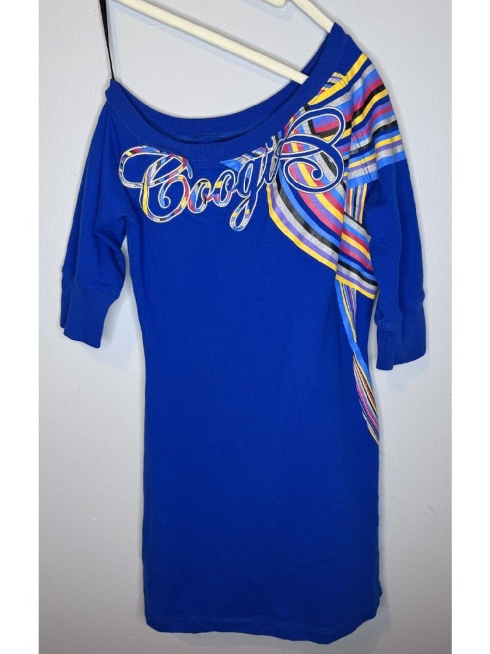 Coogi Dress Large Blue One Shoulder Short Sleeve Spell Out